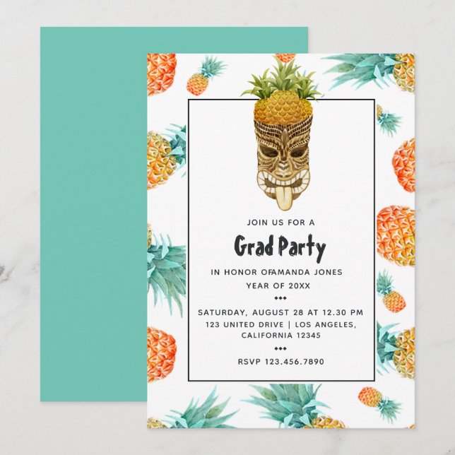 Invitation Tiki Luau Summer Pineapple Beach Graduation Party (Devant / Derrière)