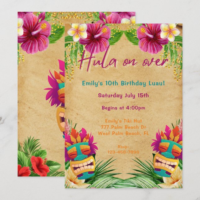 Invitation Tiki Tropical Hawaiian Luau Hula sur Anniversaire (Devant / Derrière)