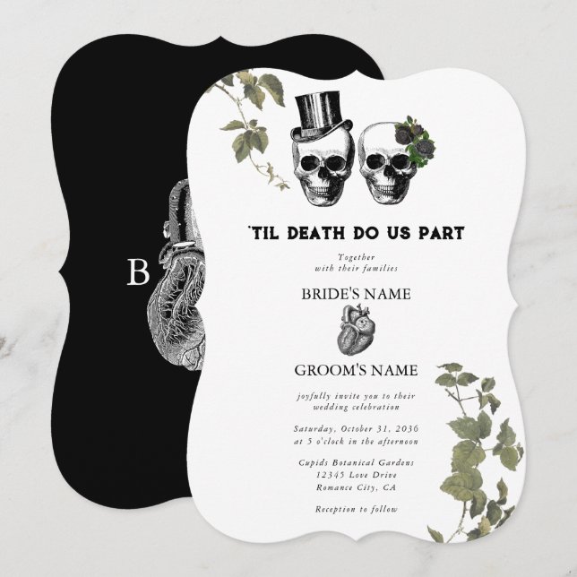Invitation Til Death Coeur gothique Mariage des crânes florau (Devant / Derrière)