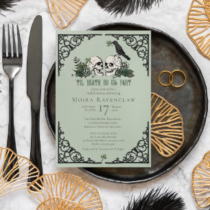 Invitation Til Death Do Us Part Mr and Mrs Skulls Green Roses