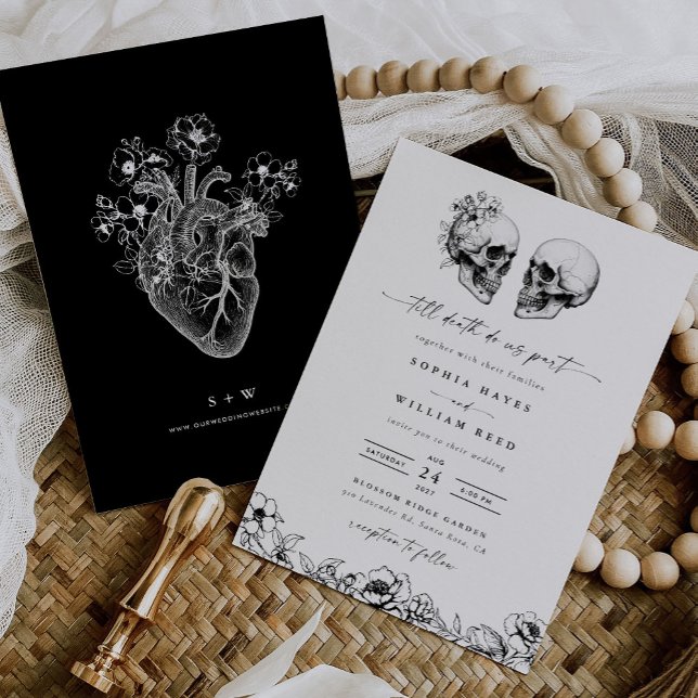 Invitation Til Death Gothique Crâne noir foncé Mariage floral (Créateur téléchargé)