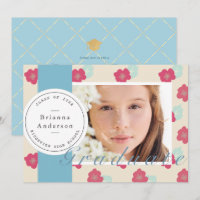 Timbre Floral Bleu & Ruban Photo Graduation