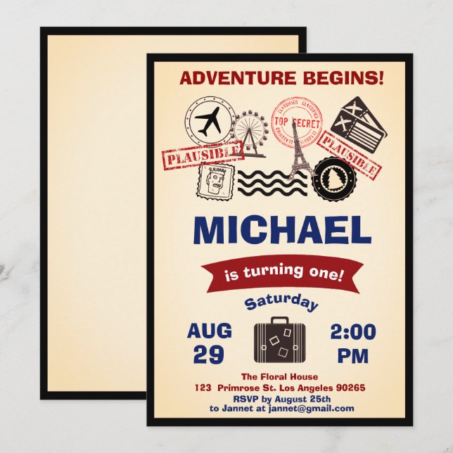 Invitation Timbre Rustique Destination Anniversaire Voyages d (Devant / Derrière)