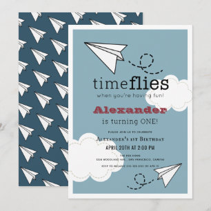 Invitation Time Flies Papier Plan Blue Boy 1er anniversaire