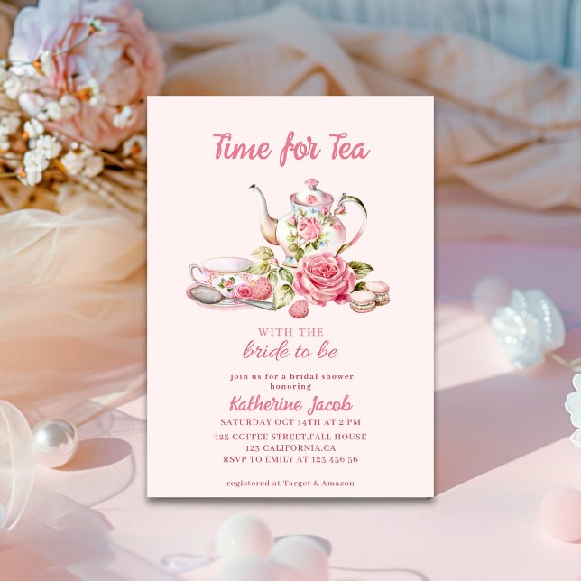 Invitation Time for Tea Pink Floral Tea Party Bridal Shower  (Créateur téléchargé)