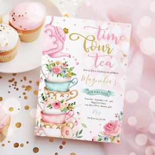 Invitation Time Four Tea Pink Floral 4th Birthday Tea ParTEA