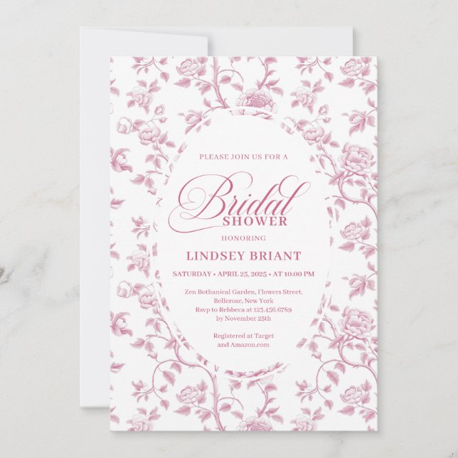 Invitation Timeless Blush Pink Toile Roses Pattern Bridal Sho (Devant)