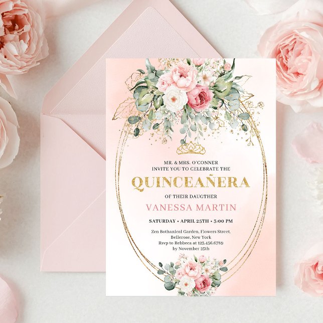 Invitation Timeless Blush Roses Eucalyptus Quinceañera Invite (Timeless Blush Roses Eucalyptus Quinceañera Invitation)