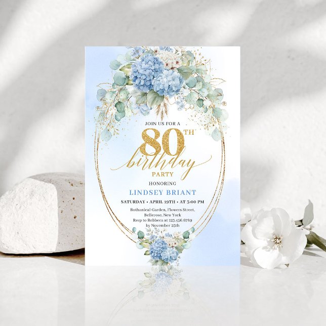 Invitation Timeless Dusty Blue Floral 80th Birthday Invite (Timeless Dusty Blue Floral 80th Birthday Invite)
