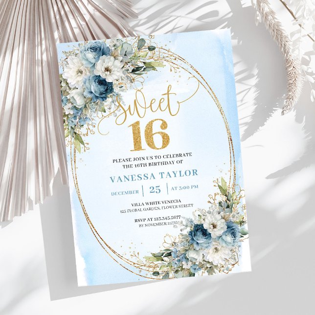 Invitation Timeless Dusty Blue Floral Sweet 16th Birthday  (Timeless Dusty Blue Floral Sweet 16th Birthday Invite)