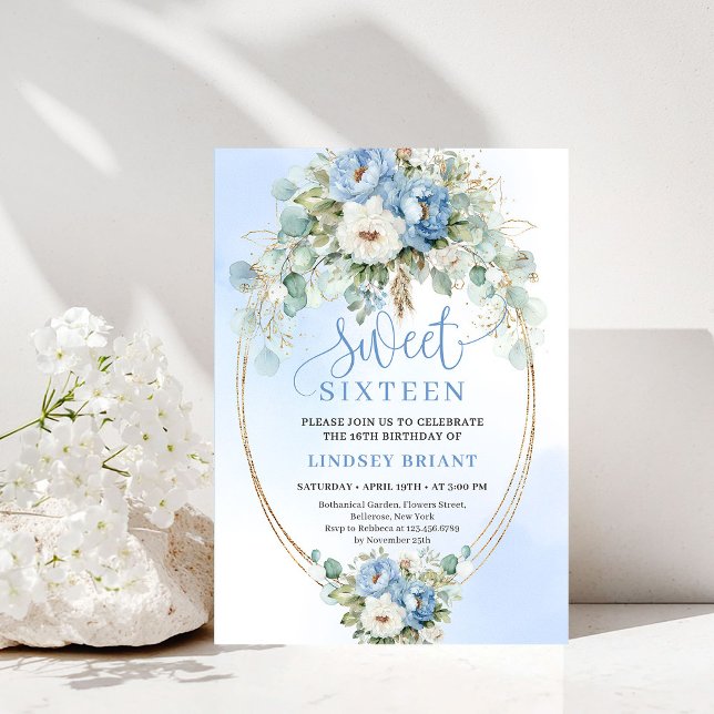 Invitation Timeless Dusty Blue Peony Gold Sweet 16 Birthday  (Timeless Dusty Blue Peony Gold Sweet 16 Birthday Invite)