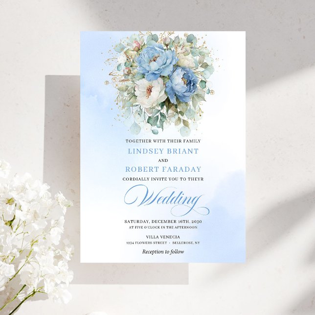 Invitation Timeless Dusty Blue White Flowers Gold Wedding (Timeless Dusty Blue White Flowers Gold Wedding)