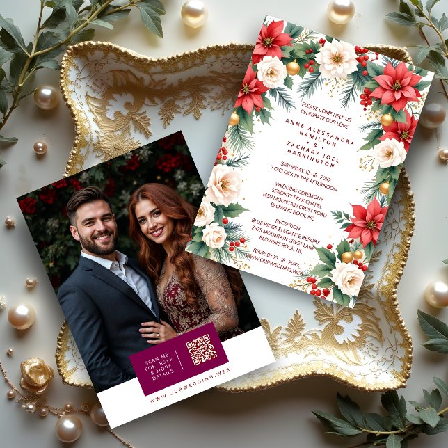 Invitation Timeless Elegant Christmas Wedding Wreath Photo (Classic Timeless Elegant Christmas Wedding Wreath Invitation Cards with Back Photo and Modern QR.)