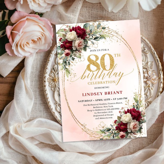 Invitation Timeless Floral Gold 80th Birthday Celebration  (Timeless Floral Gold 80th Birthday Celebration Invite)