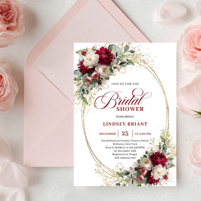 Invitation Timeless Maroon Floral Gold Bridal Shower Invite (Timeless Maroon Floral Gold Bridal Shower Invitation)
