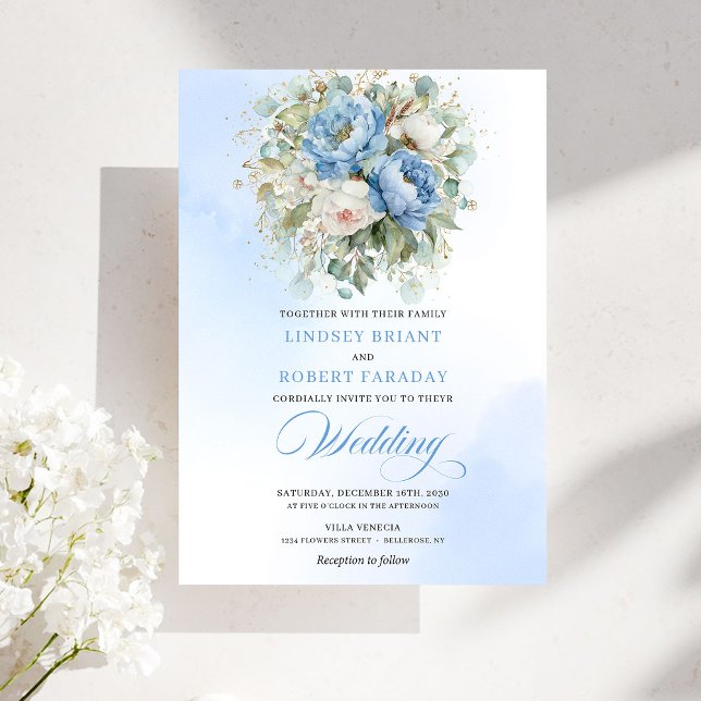 Invitation Timeless Rustic Pastel Blue Peony Gold Wedding (Timeless Rustic Pastel Blue Peony Gold Wedding Invitation)