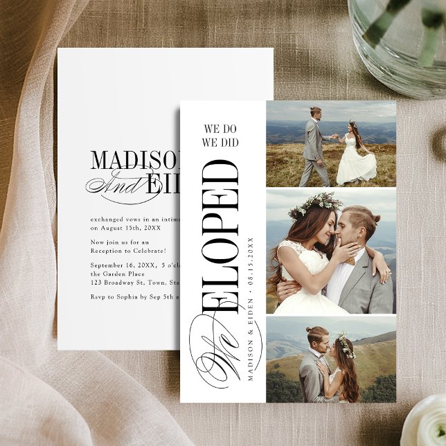 Invitation Timeless Typography 3 photo We Eloped Reception (Timeless Typography 3 photo We Eloped Reception Invitation)