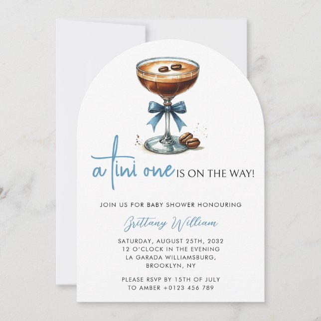 Invitation Tini One Baby shower Blue Bow Arch (Devant)