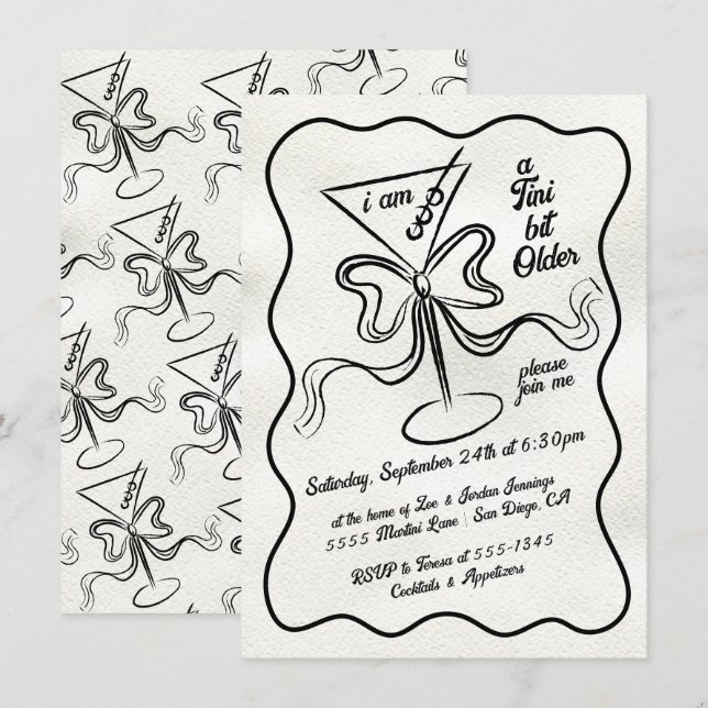 Invitation Tini un peu plus vieux Martini Bow Funky Anniversa (Devant / Derrière)