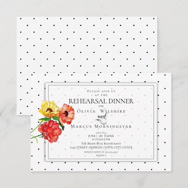 Invitation Tiny Pois Gras Fleurs rouges et jaunes (Devant / Derrière)
