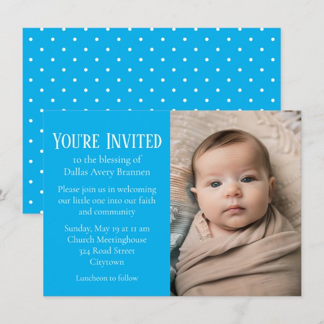 Invitation Tiny White Spots sur Blue Photo Baby Blessing (Devant / Derrière)