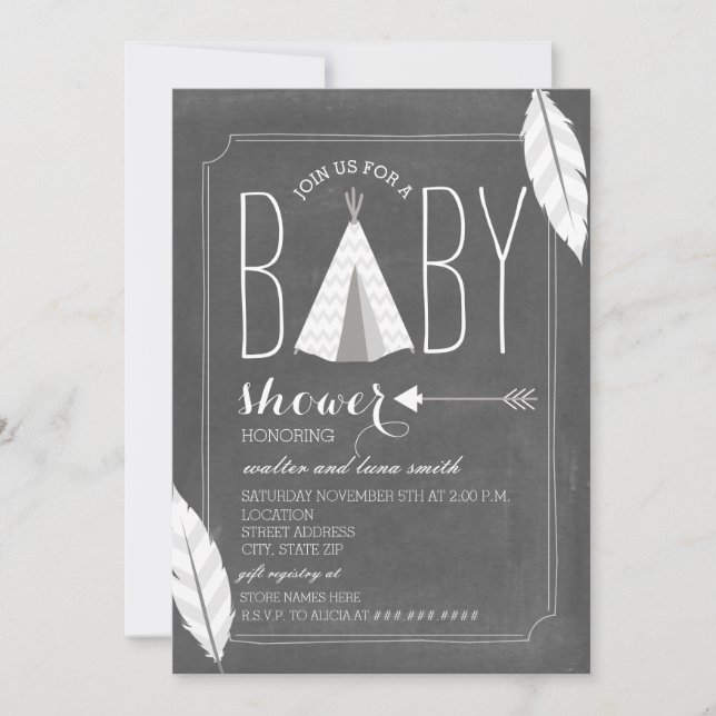 Invitation Tipi blanc + Baby shower de plumes (Devant)