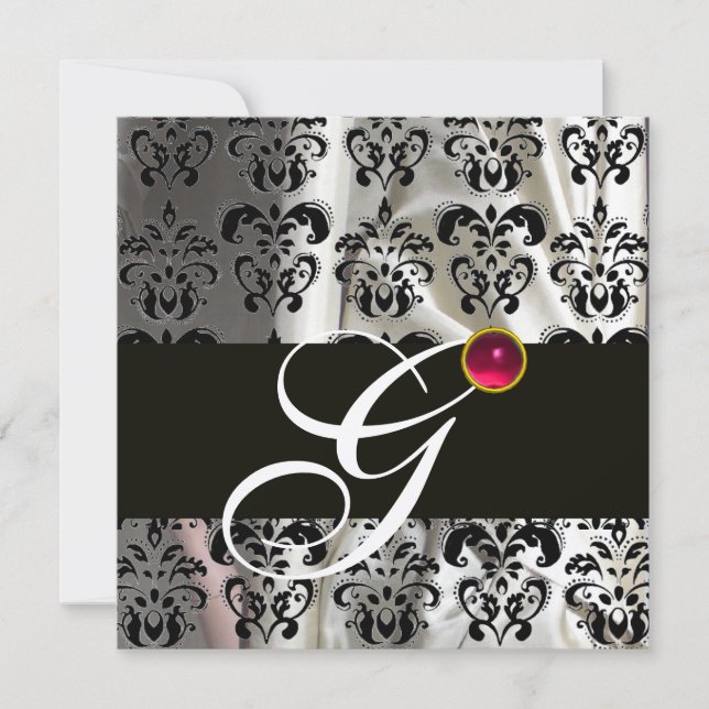 INVITATION TISSU DAMASSÉ EN SOIE NOIR BLANC MONOGRAMME ROSE R (Devant)