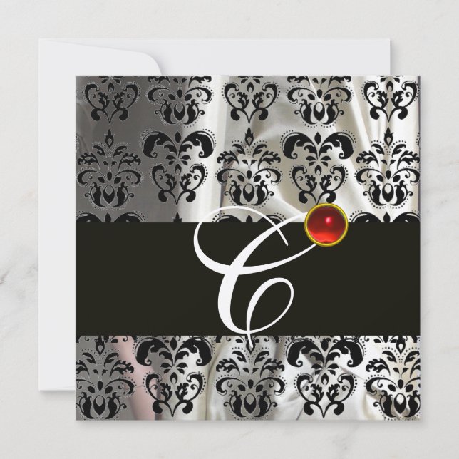 INVITATION TISSU DAMASSÉ NOIR ARGENTÉ MONOGRAMME  RUBIS ROUGE (Devant)