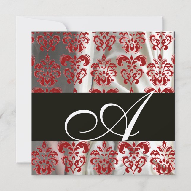 INVITATION TISSU DE DAMAS DE SOIE NOIR ROUGE BLANC MONOGRAMME (Devant)