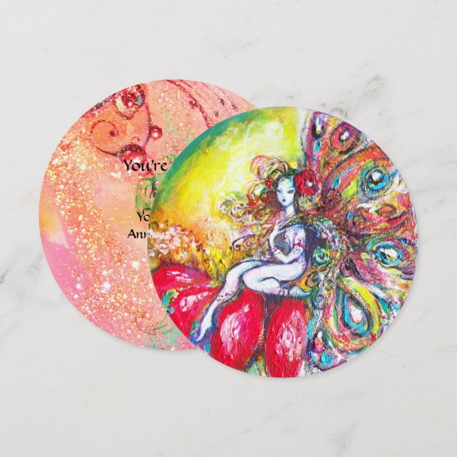 Invitation TITANIA ET FLEUR ROUGE, Étincelles Vert Jaune Rose (Devant / Derrière)