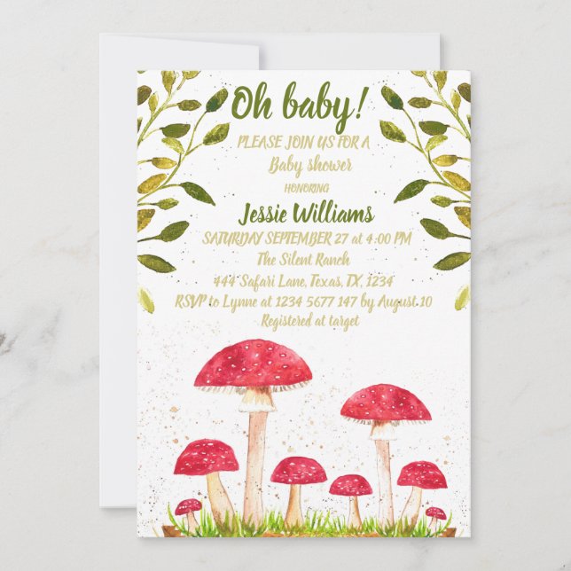 Invitation Toadstool champignon Aquarelle Baby shower naturel (Devant)