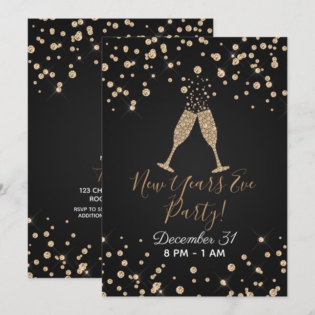 Invitation Toast Champagne Diamant Or Nouvel An Moderne Révei (Devant / Derrière)