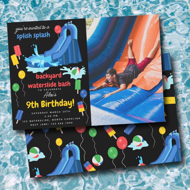 Invitation toboggan Eté Splish Splash Photo Anniversaire (Waterslide Summer Splish Splash Photo Birthday Invitation)