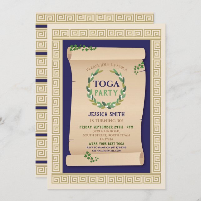 Invitation Toga Party Ancien Ancien Romain Scroll Ivy Anniver (Devant / Derrière)