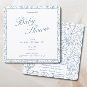 Invitation Toile Bleu Ligne Botanique Baby shower tiré