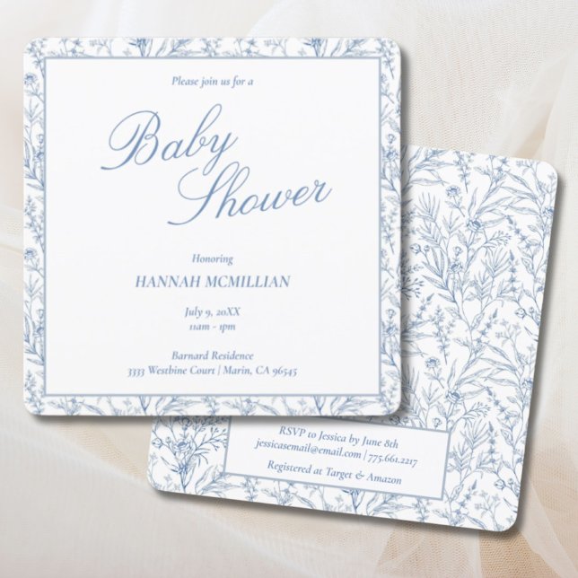 Invitation Toile Bleu Ligne Botanique Baby shower tiré (Toile Blue Botanical Line Drawn Baby Shower Invitation
)