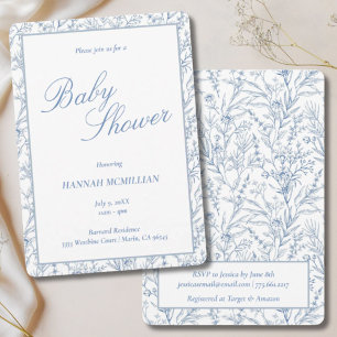 Invitation Toile Bleu Ligne Botanique Baby shower tiré