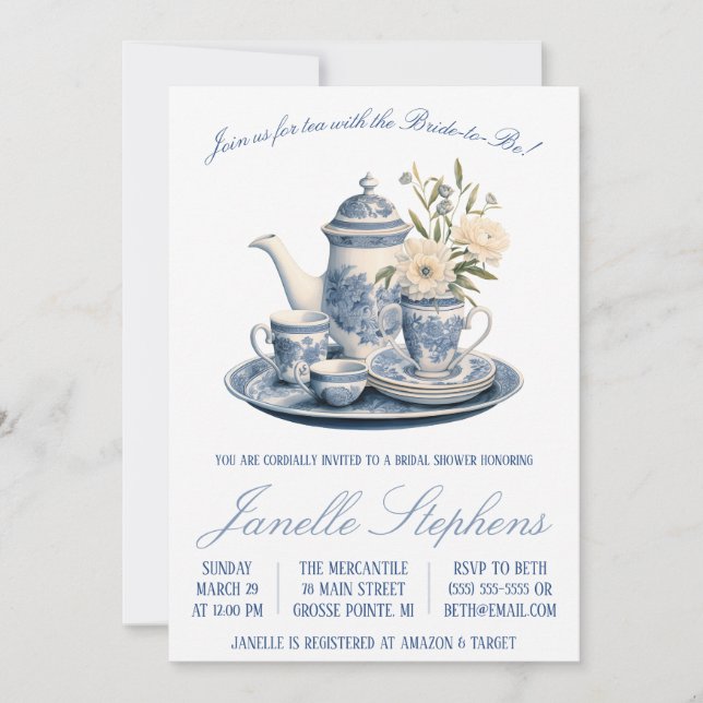 Invitation Toile bleue Chine Victorian Tea Party Fête des mar (Devant)