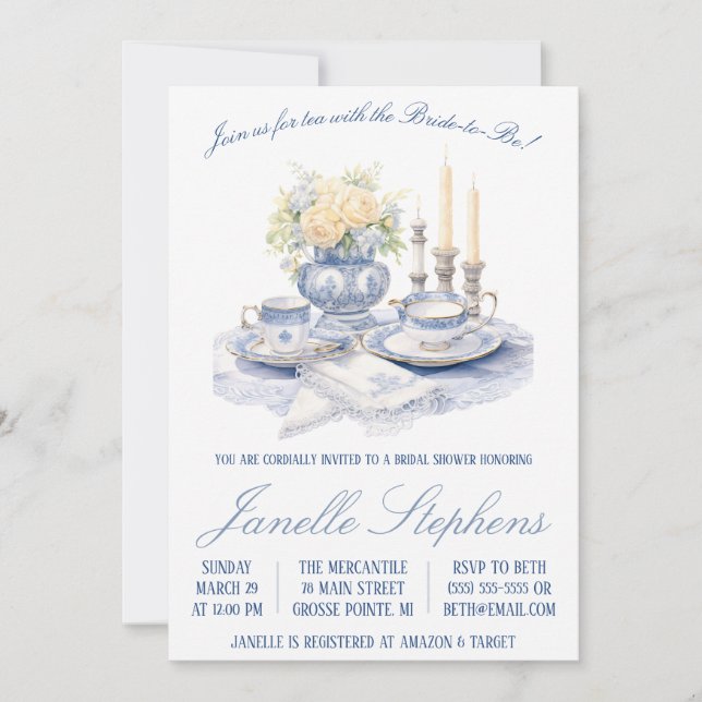 Invitation Toile bleue Chine Victorian Tea Party Fête des mar (Devant)