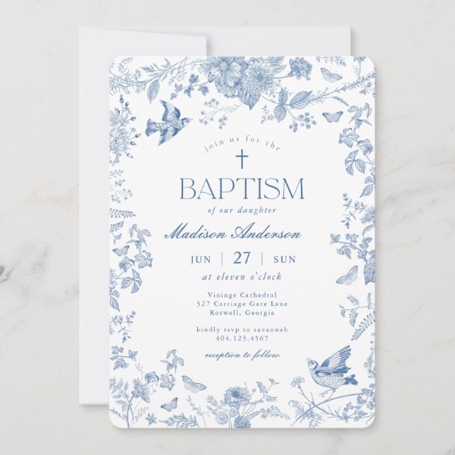 Invitation Toile Bleue De Jouy Baptême Floral Français (Devant)