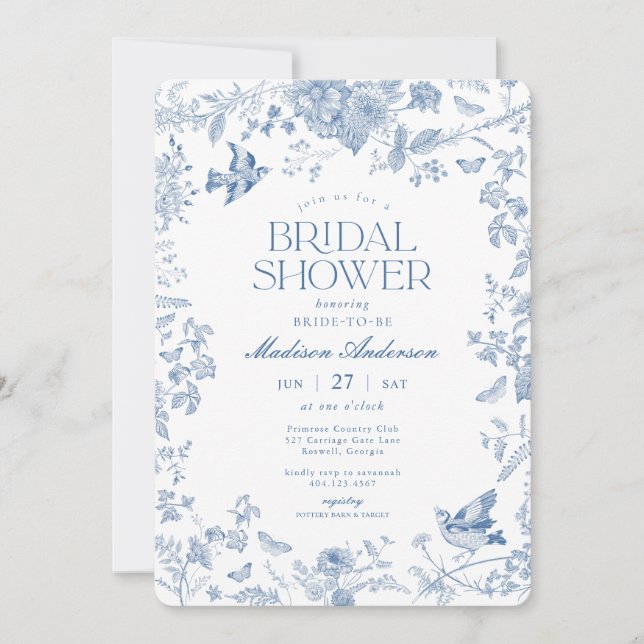 Invitation Toile Bleue De Jouy Fête des mariées Florale Franç (Devant)