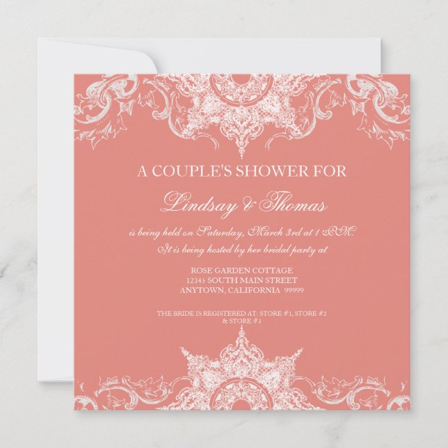 Invitation Toile Damask Swirl Couples Douche Coral Rose (Devant)