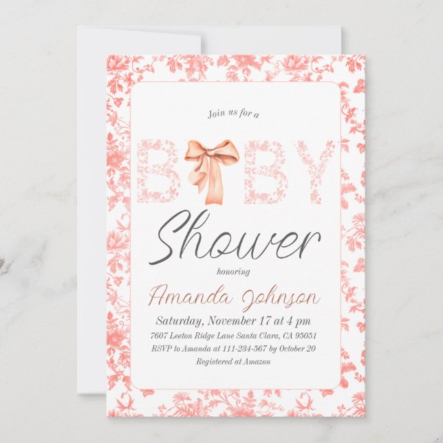 Invitation Toile de Bow rose de Jouy Baby shower floral (Devant)