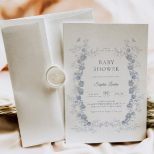 Invitation Toile de Jouy Baby shower Blue Chinoiserie Floral