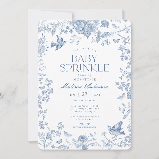 Invitation Toile de Jouy bleue bébé shower floral (Devant)