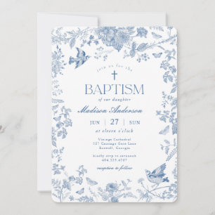 Invitation Toile de Jouy Bleue Fleurie Baptême Français