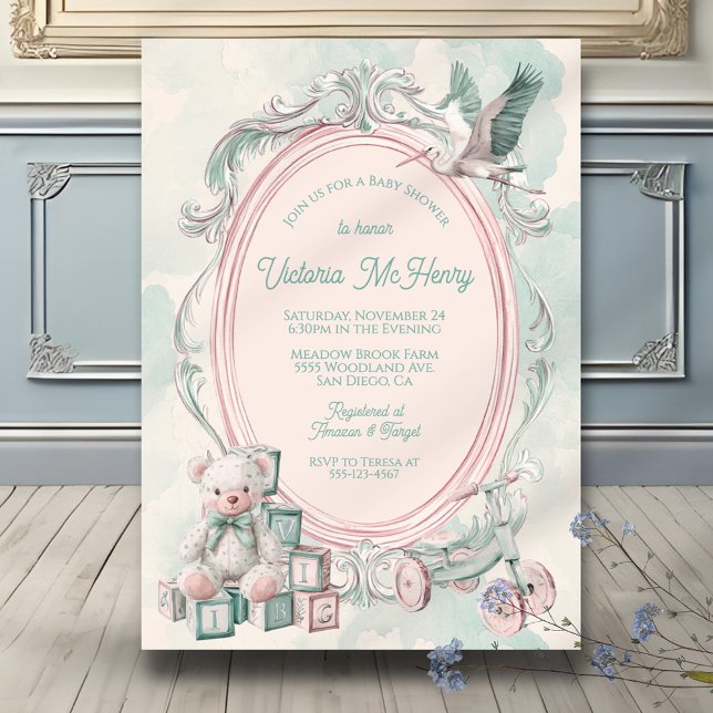 Invitation Toile de Jouy cadre baby shower rose (Créateur téléchargé)