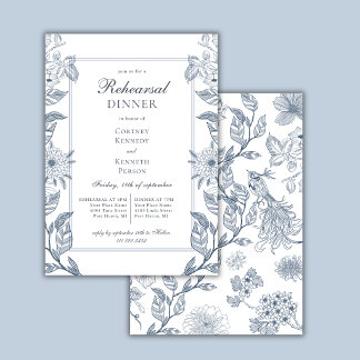 Invitation Toile de Jouy Classique Bleu Poussiéreux pour Dîne