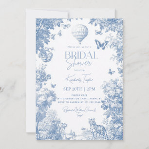 Invitation Toile De Jouy Dusty Bleu Élégante Fête des mariées