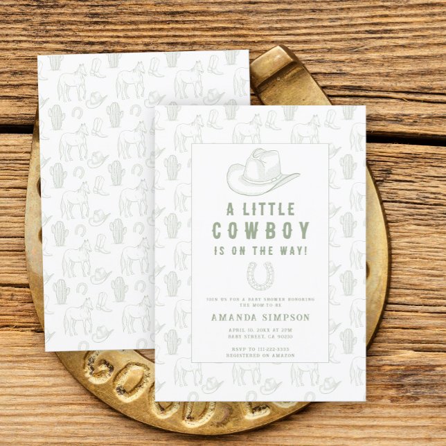 Invitation Toile de Jouy Green Cowboy Baby shower occidental (Créateur téléchargé)